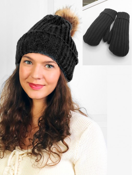  Cable Knitted Hat W/ Faux Fur removable pom pom & Mittens Set (HAT131901BK + GL1261BK)